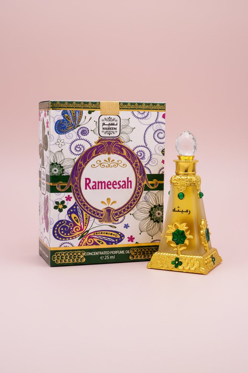 Rameesah concentrated perfume oil bottle and packaging on a white background