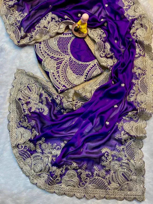 Royal Purple Saree with  Gold EmbroideryParty Wear Emboridery Silk Saree