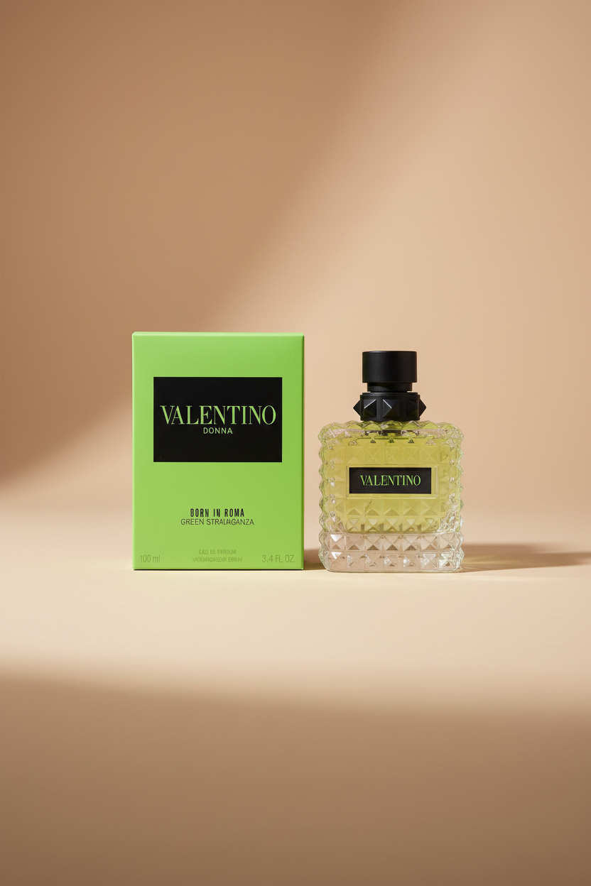 Valentino perfume bottle and packaging on a white background