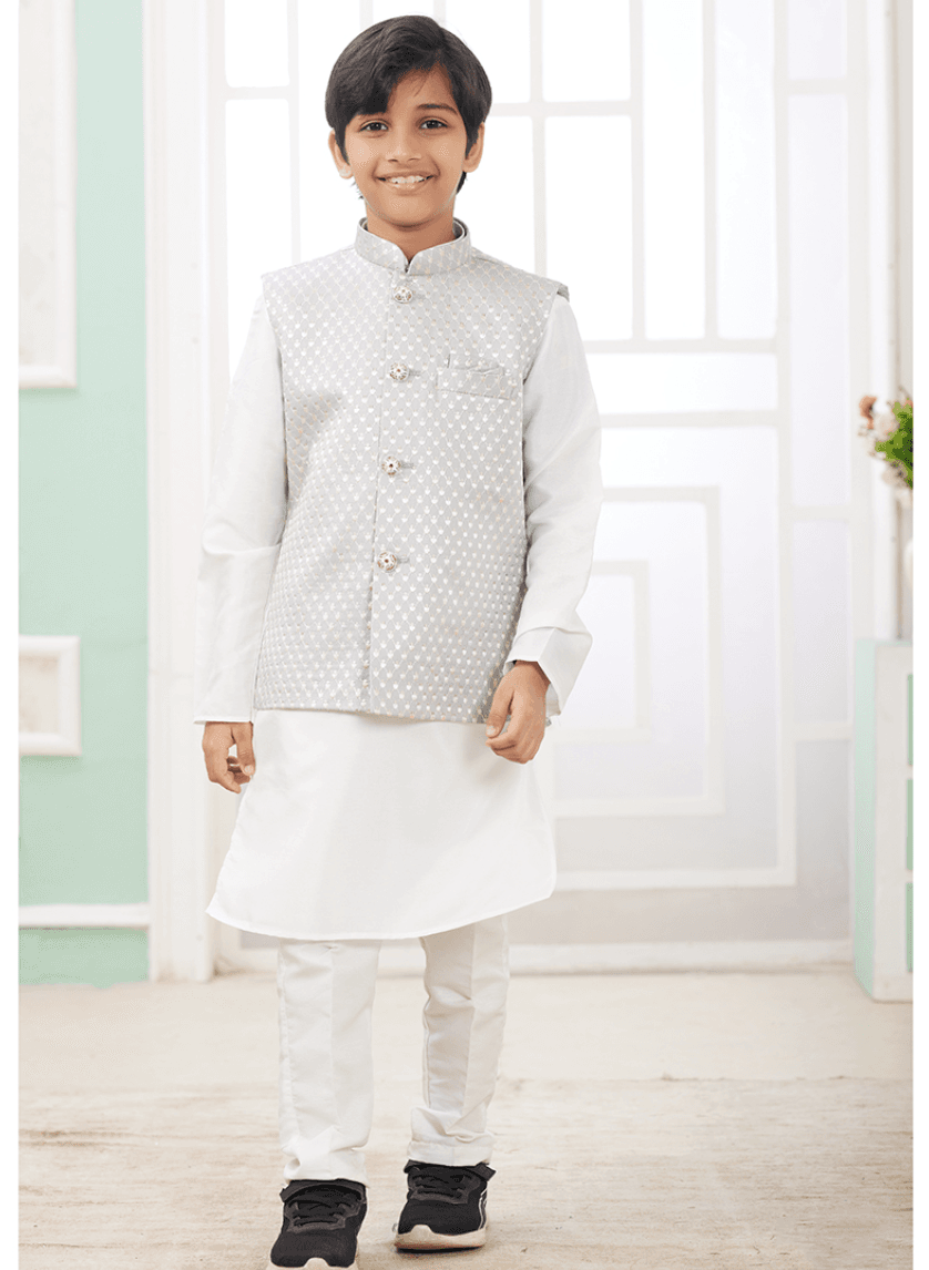 White Art Banarasi Silk Printed Readymade Kids Kurta Pajama
