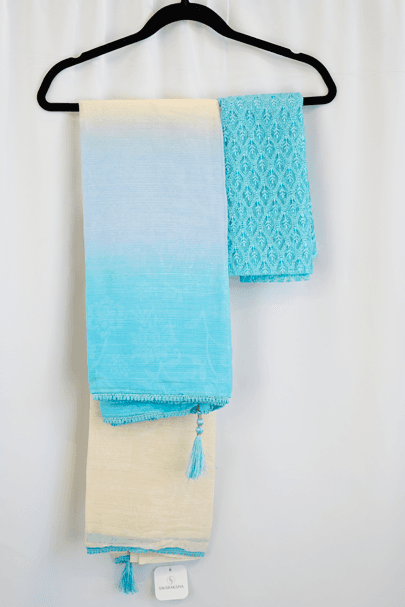 Sky Blue and Ivory Ombre Saree with Crochet Tassel Border and Embroidered Blouse