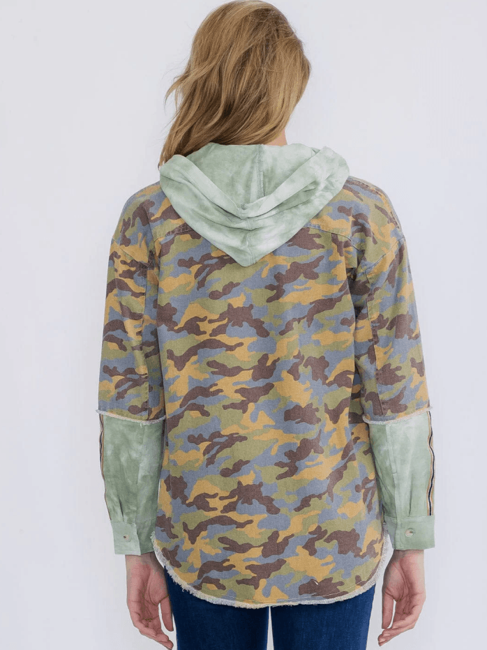 Women’s Camo Button-Up Denim Shacket with Hoody