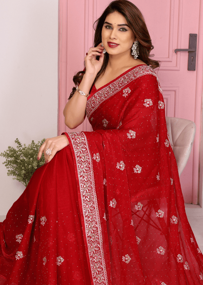 Red Fendi Chiffon Embroidery Work  Saree
