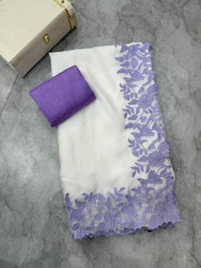 White with Lavender Thread Work Organza Saree