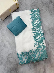 White with Teal Thread Work Organza Saree