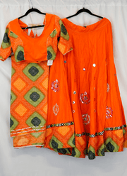 Orange Bandhani Mirror Work Garba Lehenga Set with Green and Black Patterned Dupatta