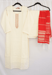 Ivory Embroidered Kurti Set with Red Bandhej Dupatta