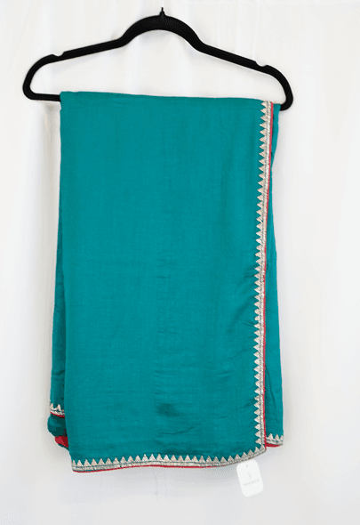 Sea Green Satin Silk Saree with Gold Zigzag Border and Red Piping