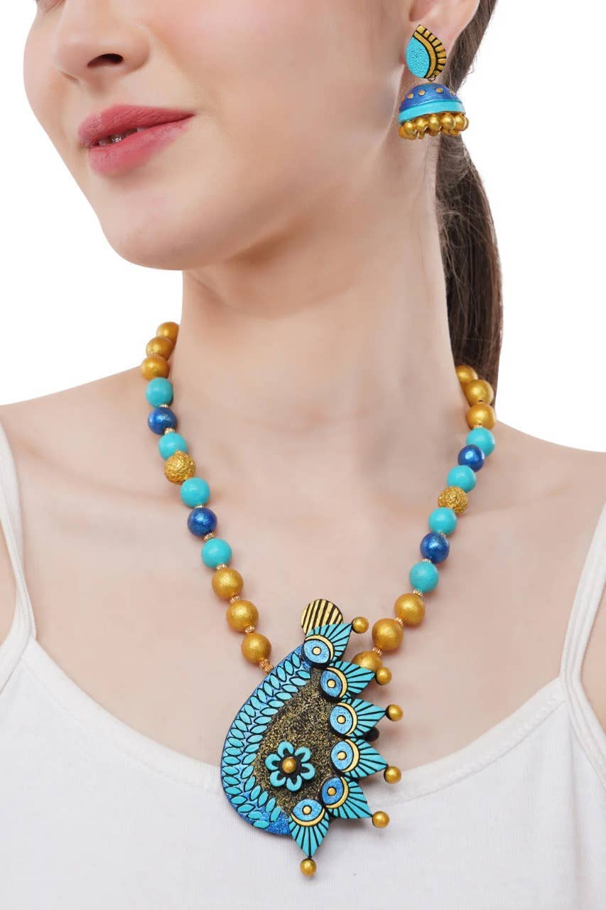 Peacock Jewelry Set | Clay Jewelry |Blue Leaf Indian Jewelry