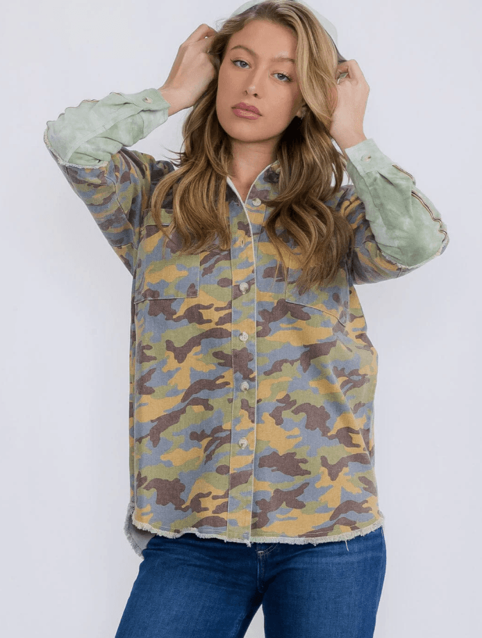 Women’s Camo Button-Up Denim Shacket with Hoody