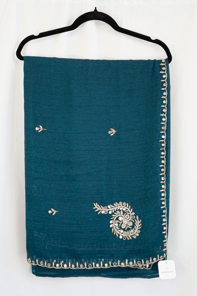 Teal Blue Georgette Saree with Mirror and Zari Embroidery