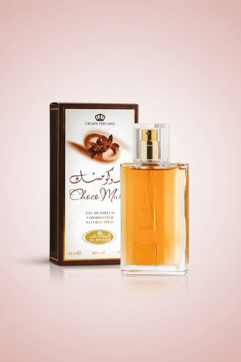 Perfume bottle and packaging of Al-Rehab Choco Musc with Crown Perfumes branding.