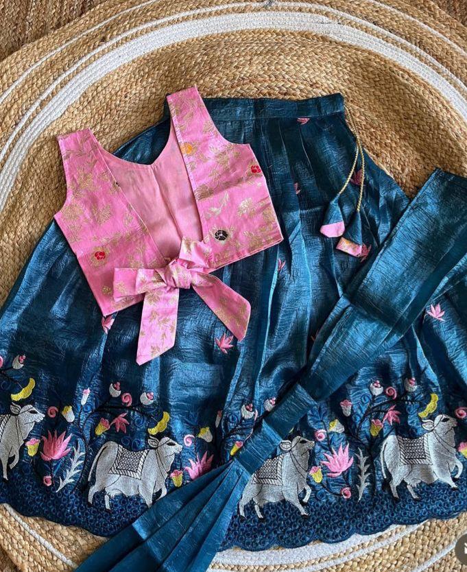 Teal Blue Printed Kids Lehenga Choli Set with Pink Embroidered Jacket