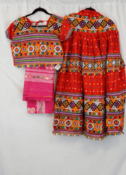 Traditional Red Garba Mirror Work Lehenga Set with Pink Bandhani Dupatta