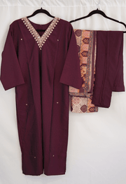 Plum Embellished Neck Straight Kurti with Printed Dupatta Set