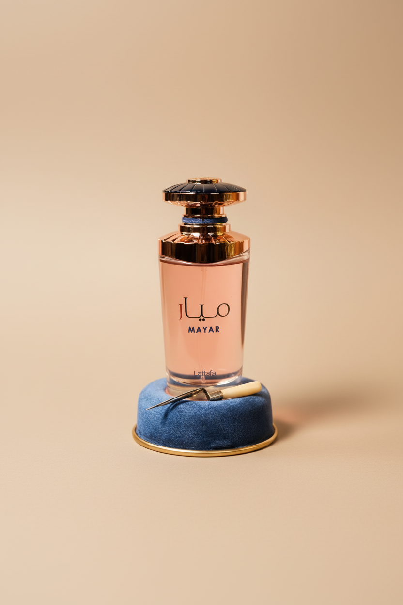 Mayar perfume bottle on a blue stand with a pink background