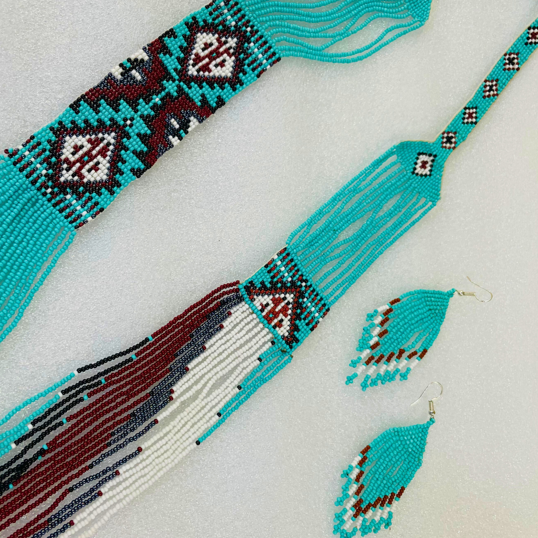 Blue Bead Set | Beaded Jewelry | Red & White Pattern Jewelry
