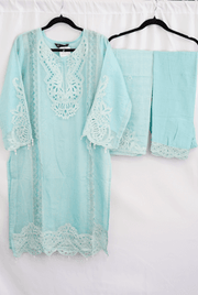 Mint Aqua Chikankari-Style Embroidered Kurti Set
