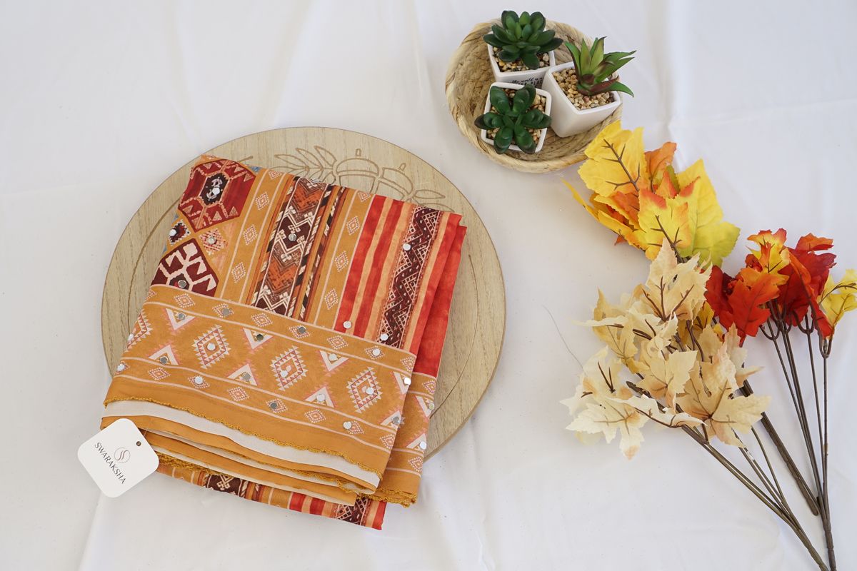 Mustard & Rust Tribal Print Art Silk Saree