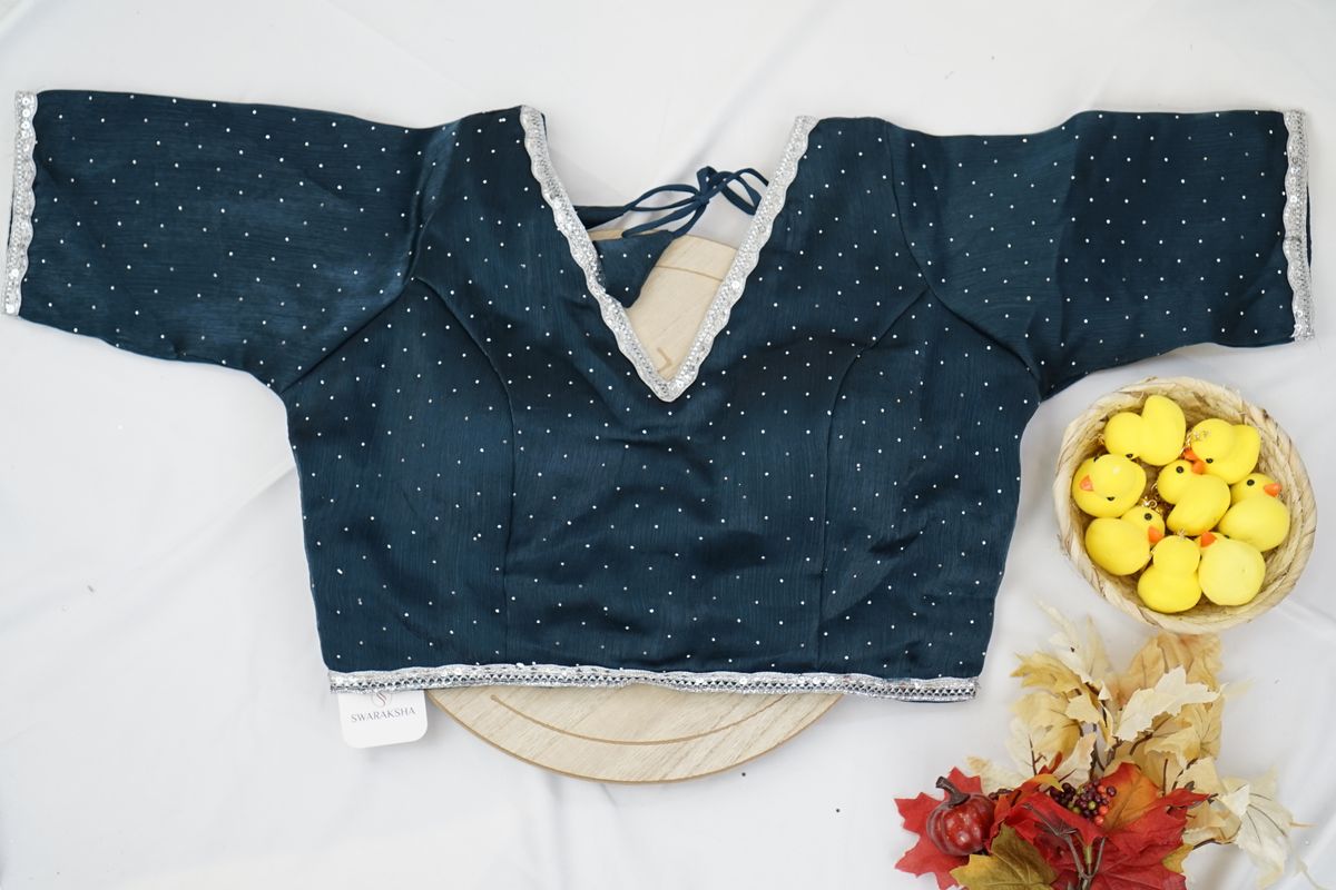 Navy Blue Silver-Trim Party Wear Blouse with Elbow Sleeves