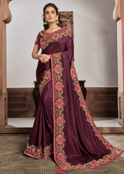 Mauve Pink Silk Georgette Embroidery Work  Wear Saree