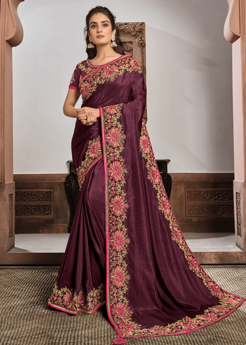 Mauve Pink Silk Georgette Embroidery Work  Wear Saree