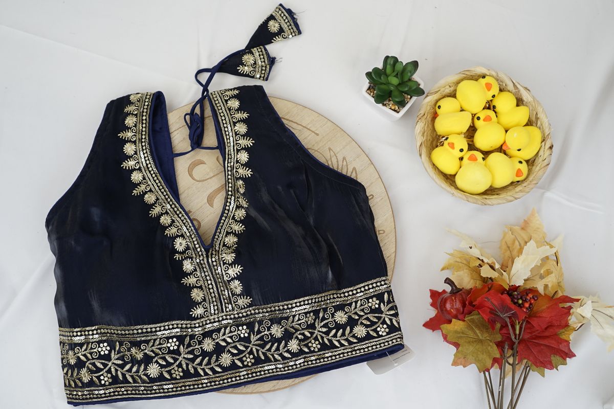 Midnight Blue Zari Embroidered Silk Blouse