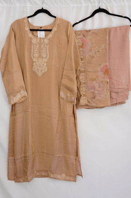 Golden Beige Embroidered Silk Kurti Set with Floral Dupatta