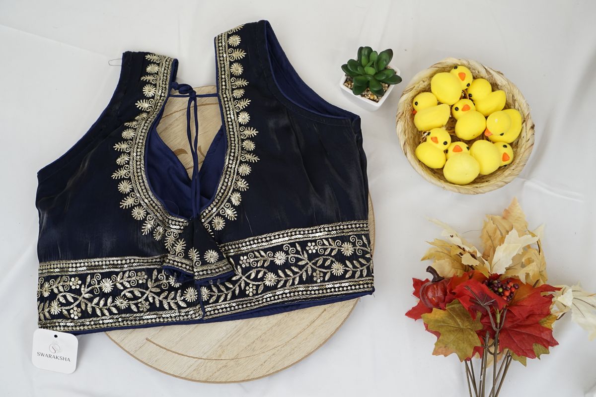 Midnight Blue Zari Embroidered Silk Blouse