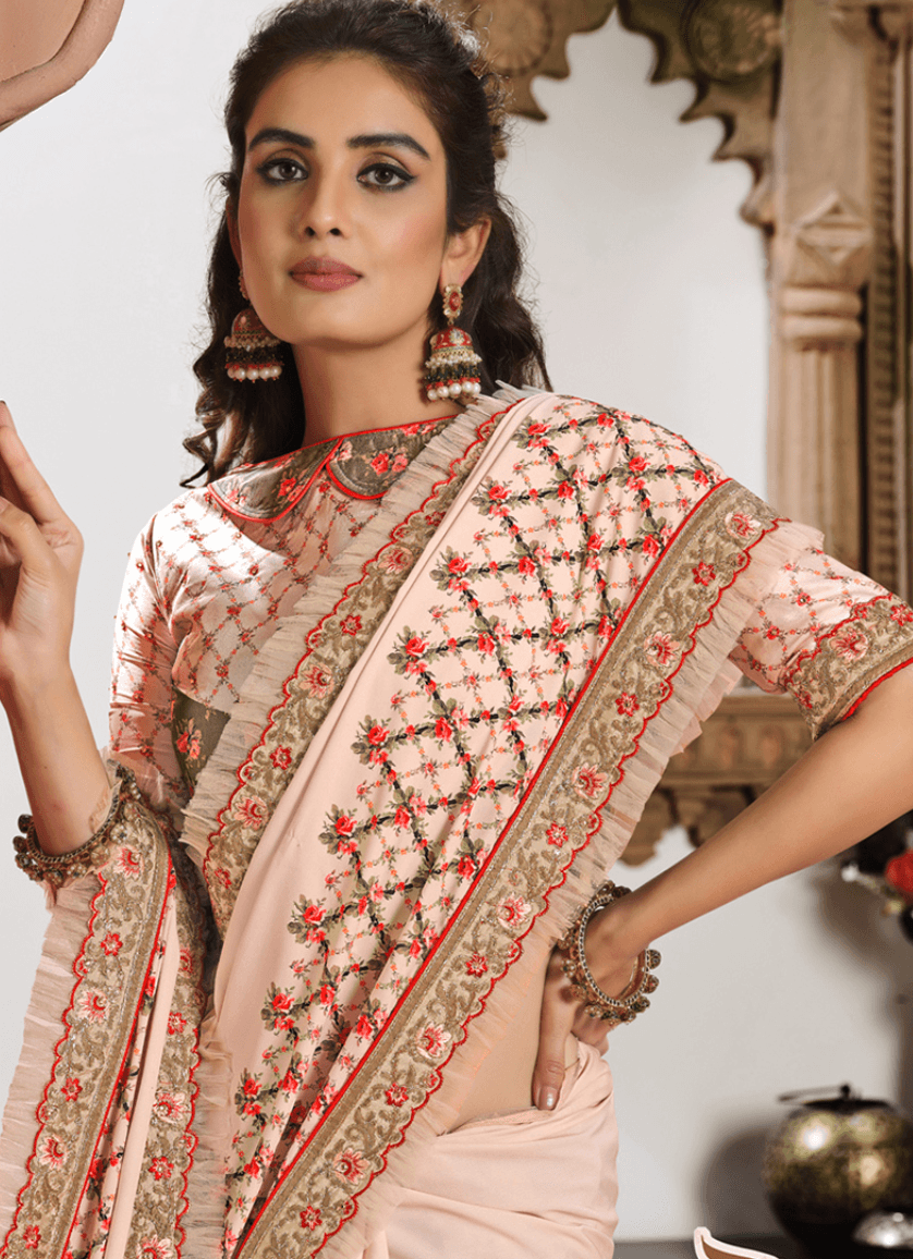 Nude Pink Silk Georgette Embroidery Work Saree