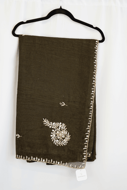 Dark Olive Green Georgette Saree with Mirror and Zari Embroidery