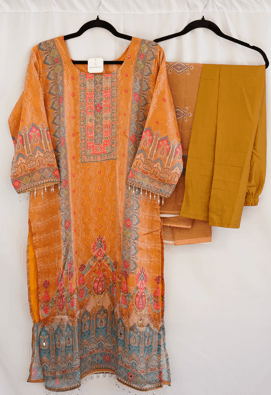 Mustard Multi-Print Embellished Kurta Set with Beaded Hem