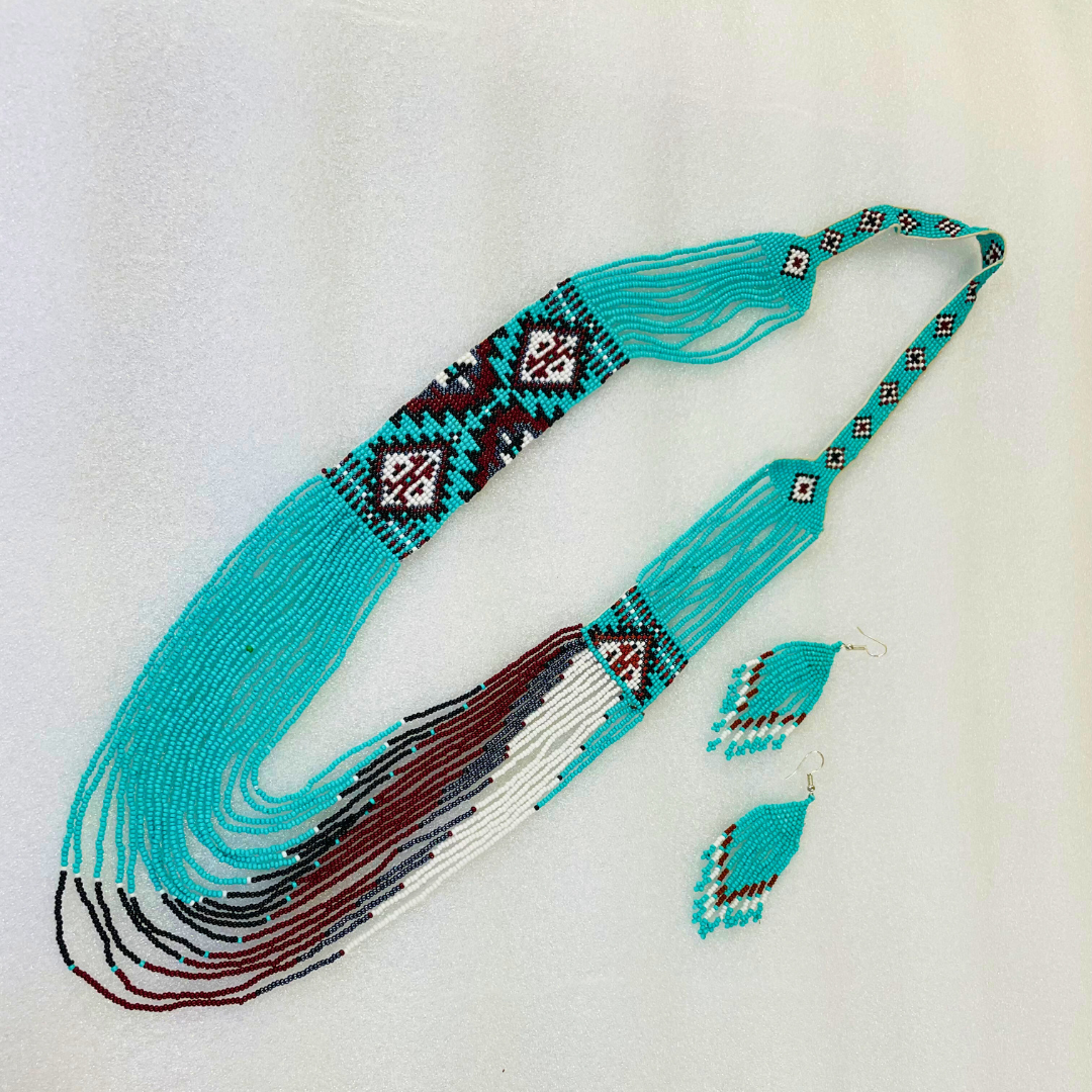 Blue Bead Set | Beaded Jewelry | Red & White Pattern Jewelry