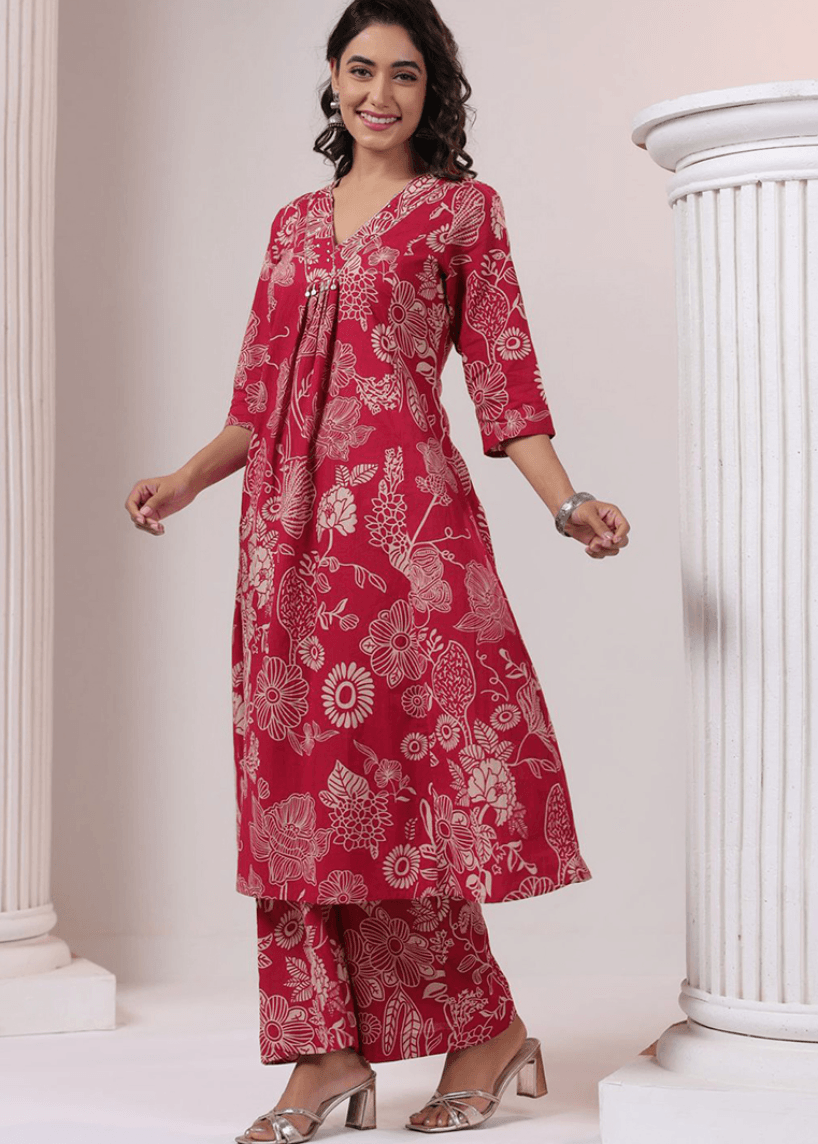 Elegant Pink  Floral Printed A-Line Kurta Set