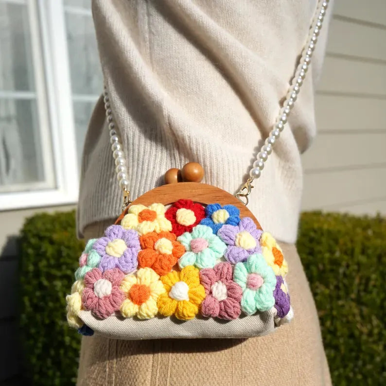 Multicolored Crocheted Floral Kiss-Lock Clutch