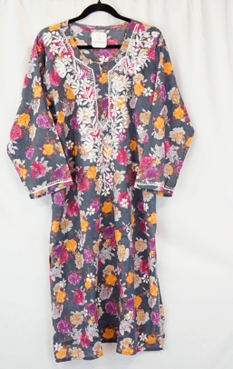 Charcoal Grey Floral Embroidered Chikankari-Style Kurta