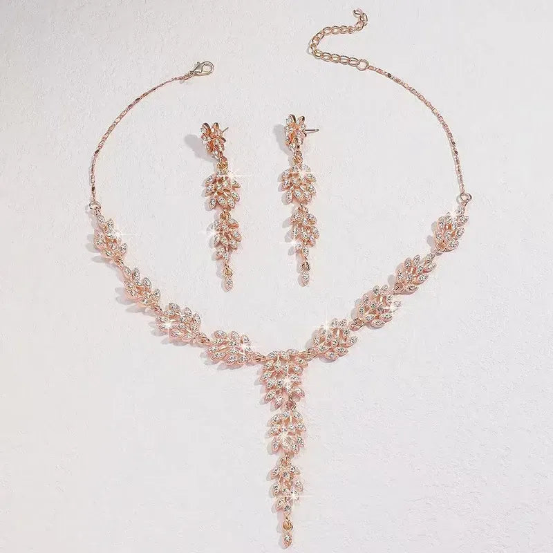 Rose Gold Leaf Crystal Jewelry Set