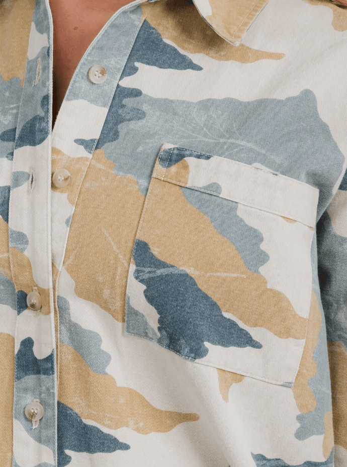 Women’s Camo Button-Up Denim Shacket with Hood