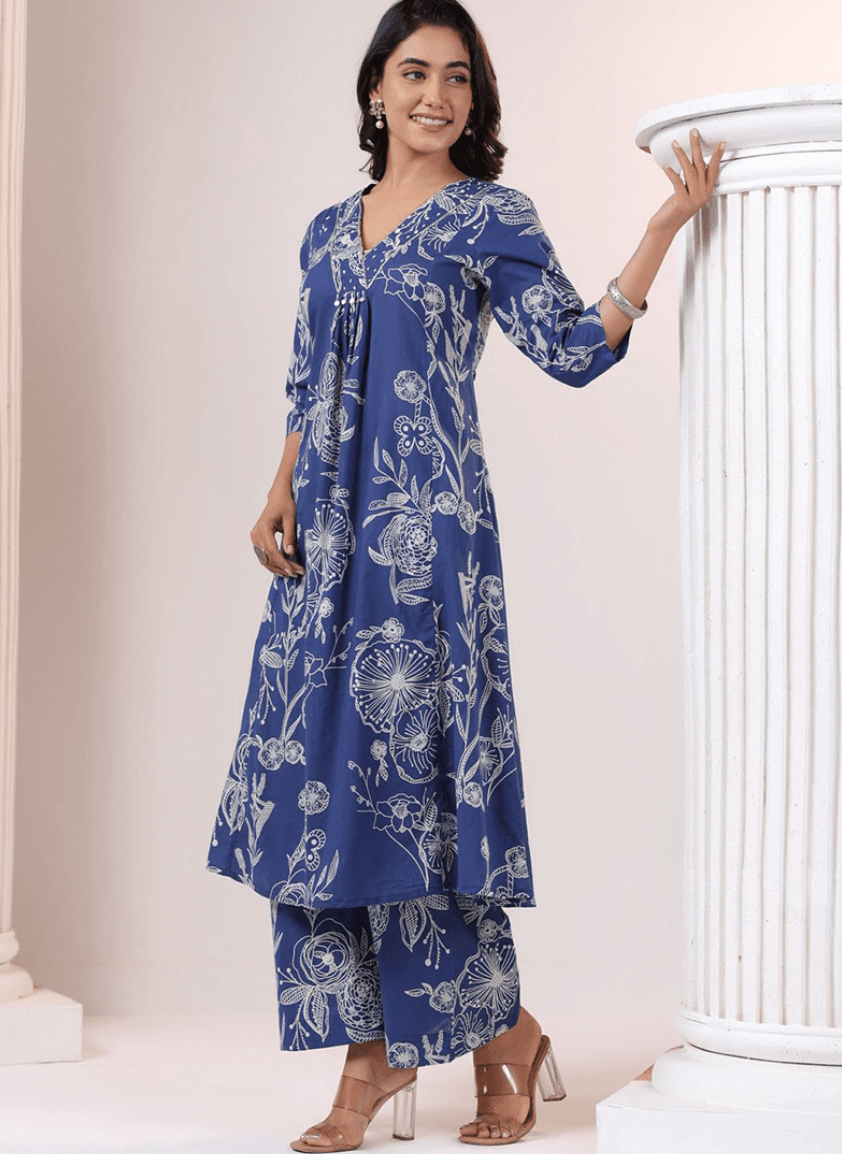 Elegant Blue Floral Printed A-Line Kurta Set