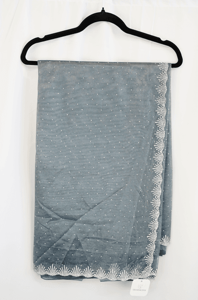 Smoke Grey Net Saree with White Pearl and Sequin Embroidered Border