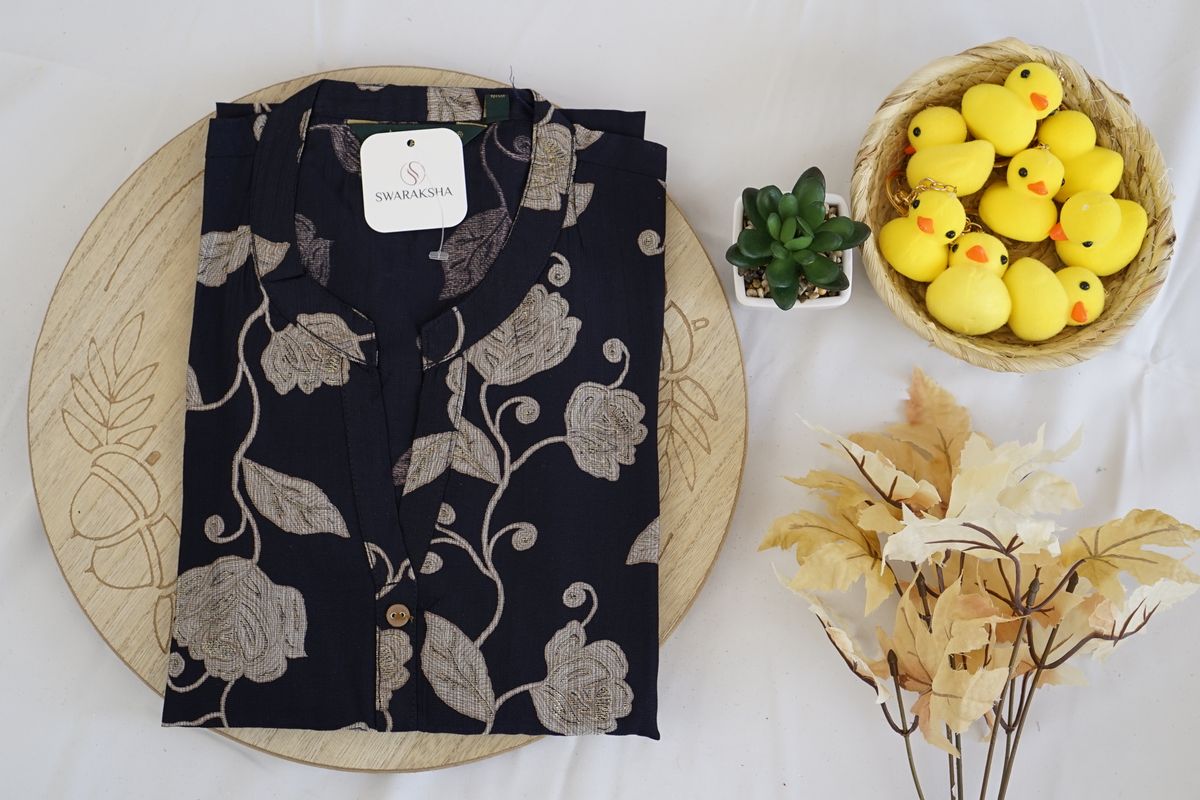 Black & Gold Floral Printed Rayon Kurta