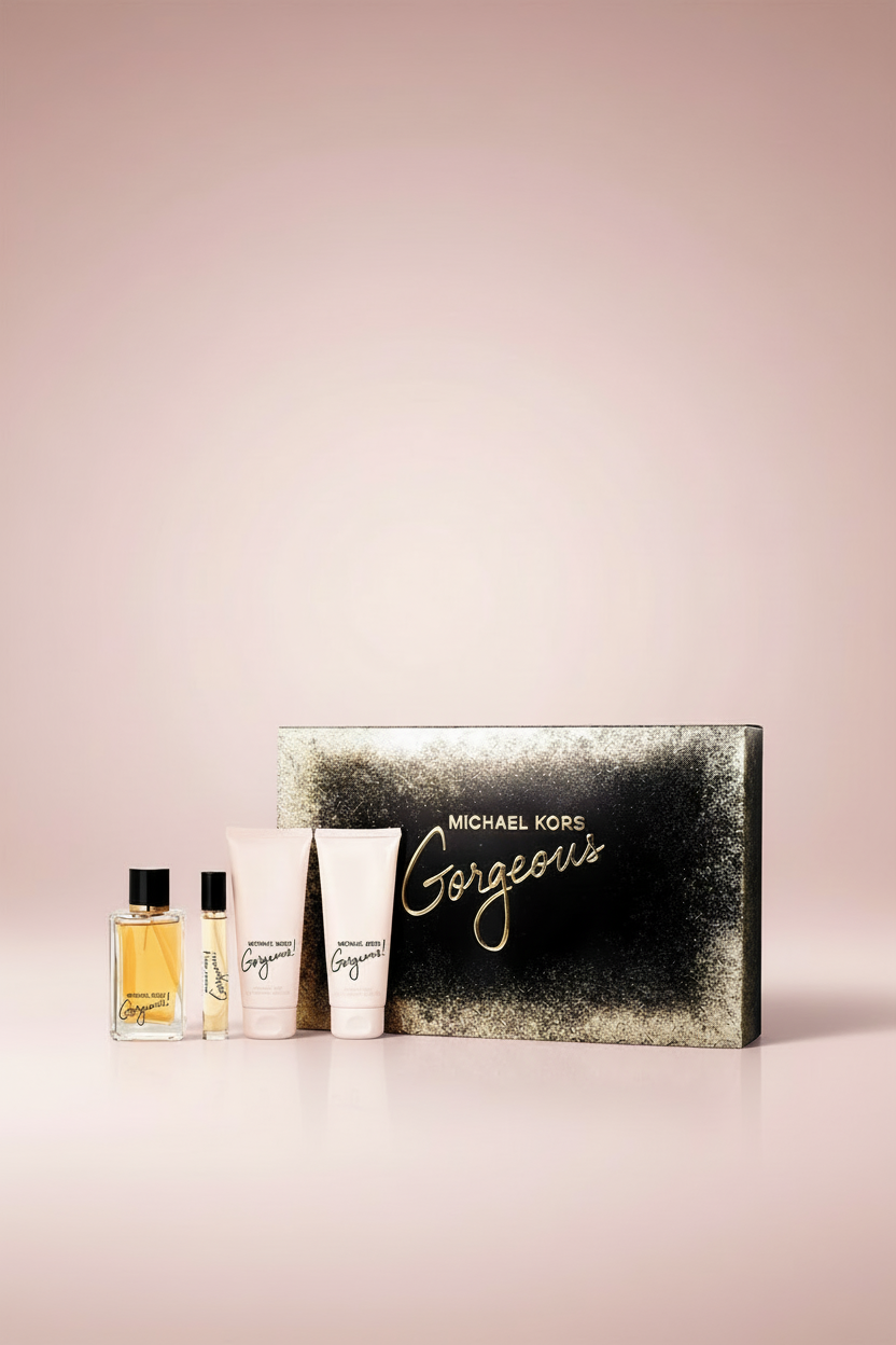 Michael Kors Gorgeous perfume set with bottles and packaging on a white background