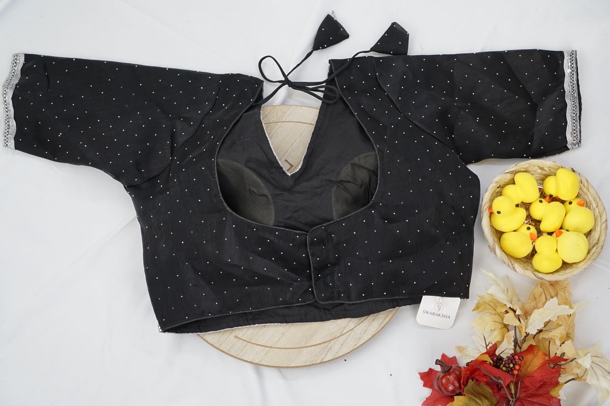 Black Silver-Trim Party Wear Blouse with Elbow Sleeves