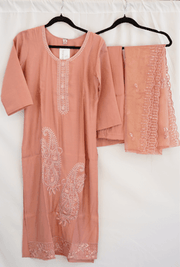 Dusty Rose Embroidered Kurti Set with Matching Dupatta