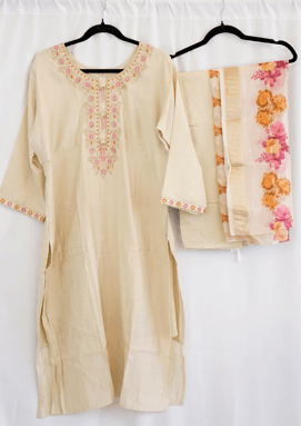 Cream Embroidered Kurta Set with Floral Dupatta