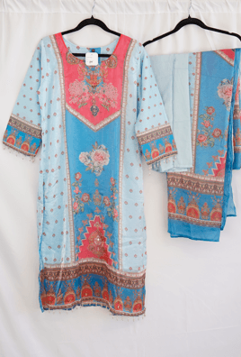 Sky Blue & Pink Printed Designer Suit with Mirror Work and Dupatta