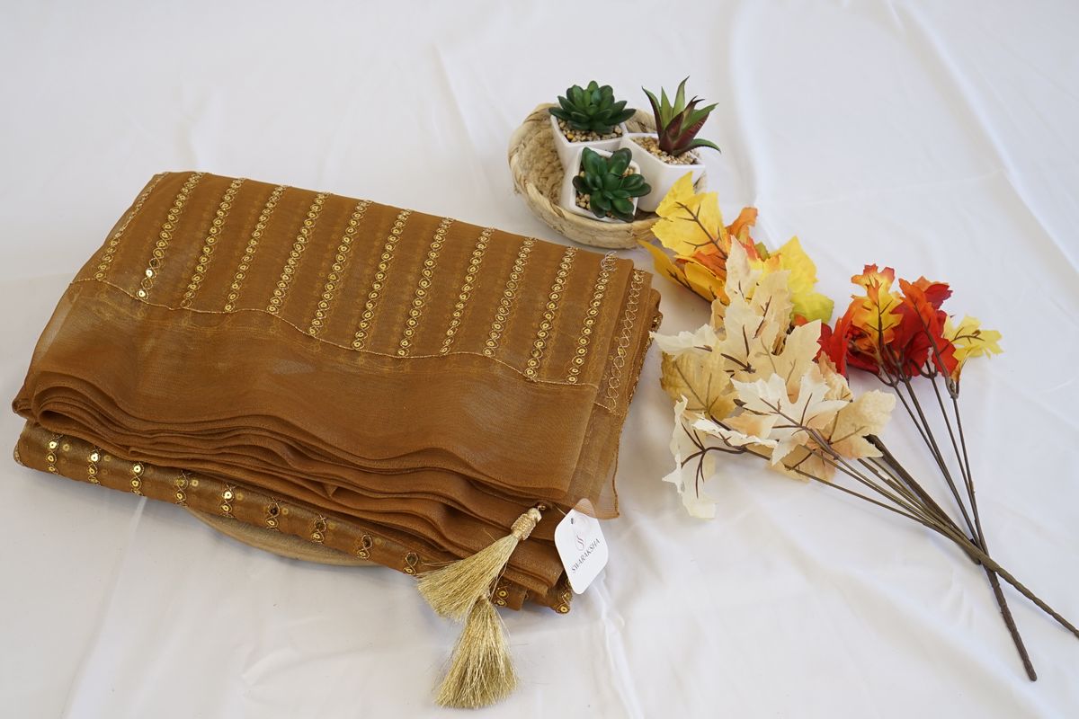 Golden Mustard Organza Saree with Sequin Stripes and Tassel Detailing