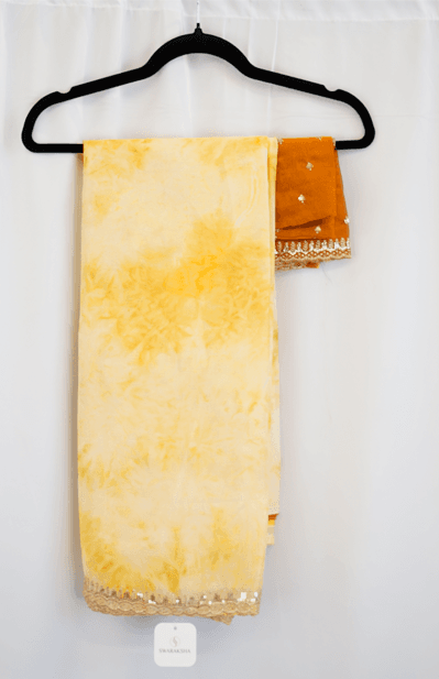 Lemon Yellow Marble Print Saree with Gold Sequin Border and Mustard Embroidered Blouse