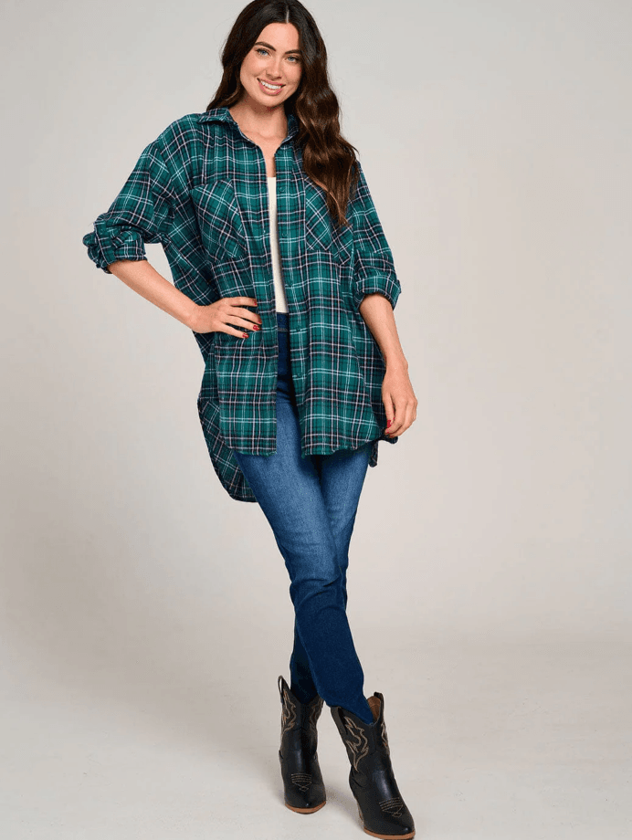 Green Plaid High-Low Open Back Button-Up Shirt
