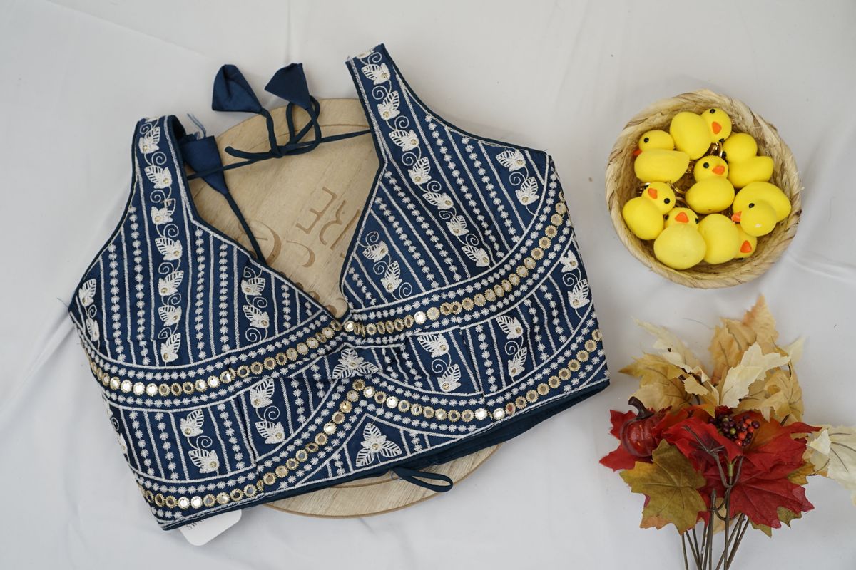 Navy Blue Embroidered Mirror Work Garba Blouse